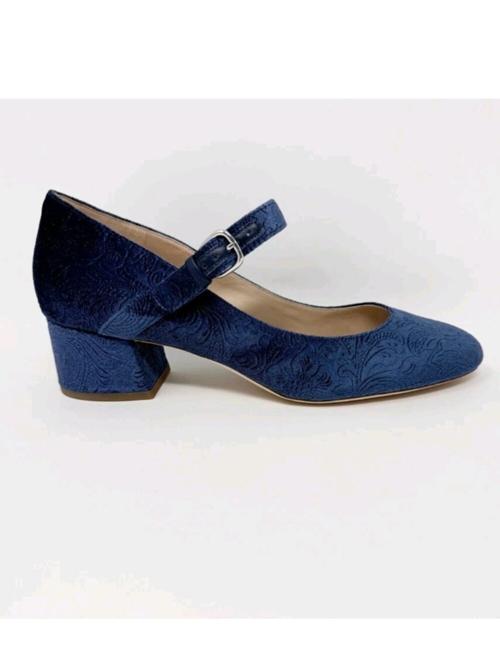 Via Spiga Blue Velvet Embossed Low Block Heel Mary Jane Size 9 Holiday Winter